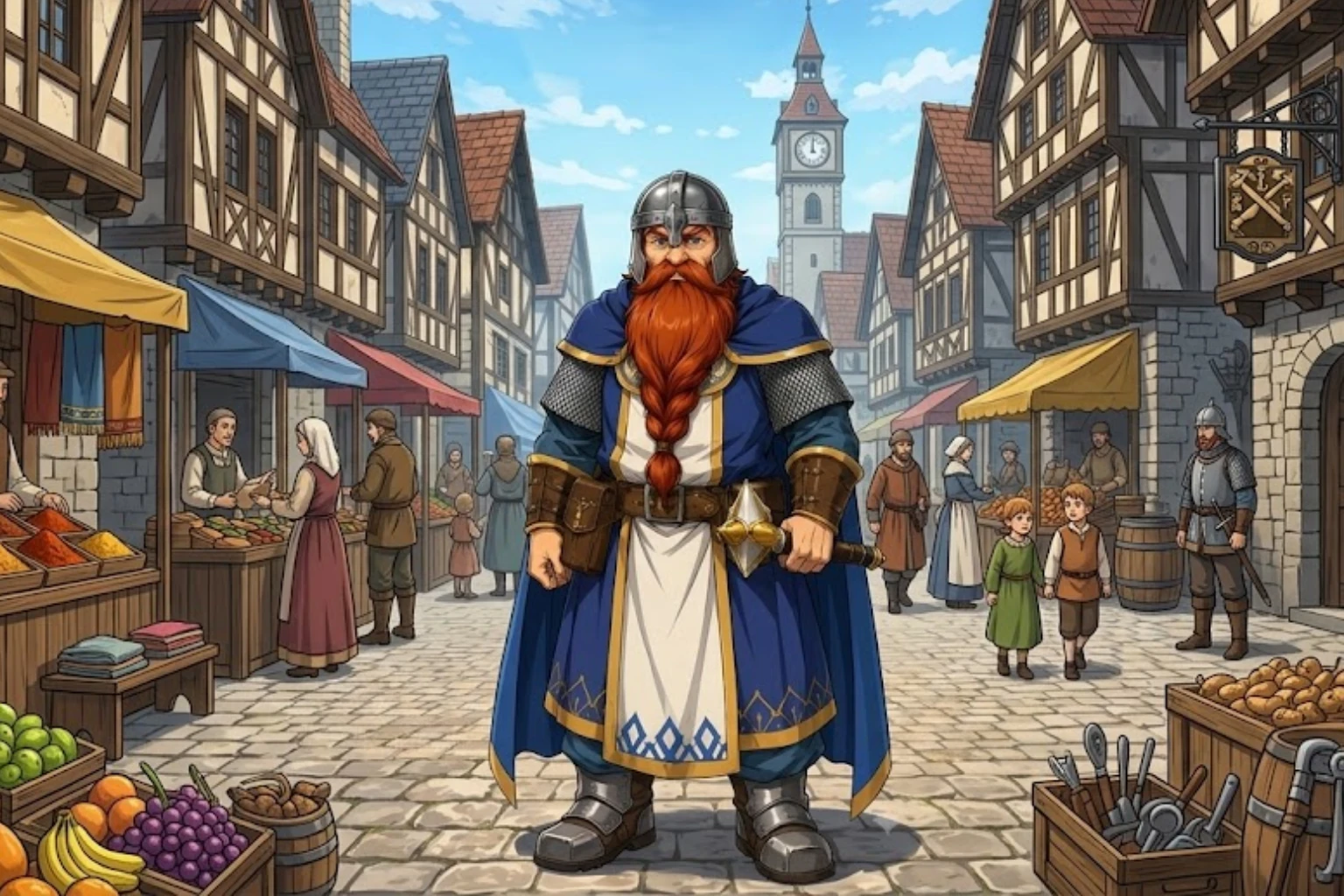Dovar Redmane is the dwarf cleric of The Ballad of the First Party, an anime RPG fantasy story where faith, healing, and grit keep the party standing.