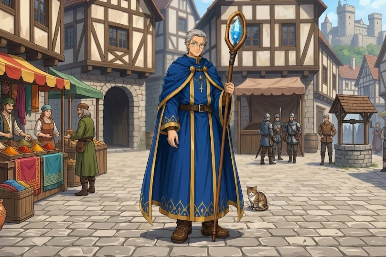 Lucian Gale is the human mage of The Ballad of the First Party, an anime RPG fantasy story where arcane knowledge, wards, and old magic shape the road ahead.