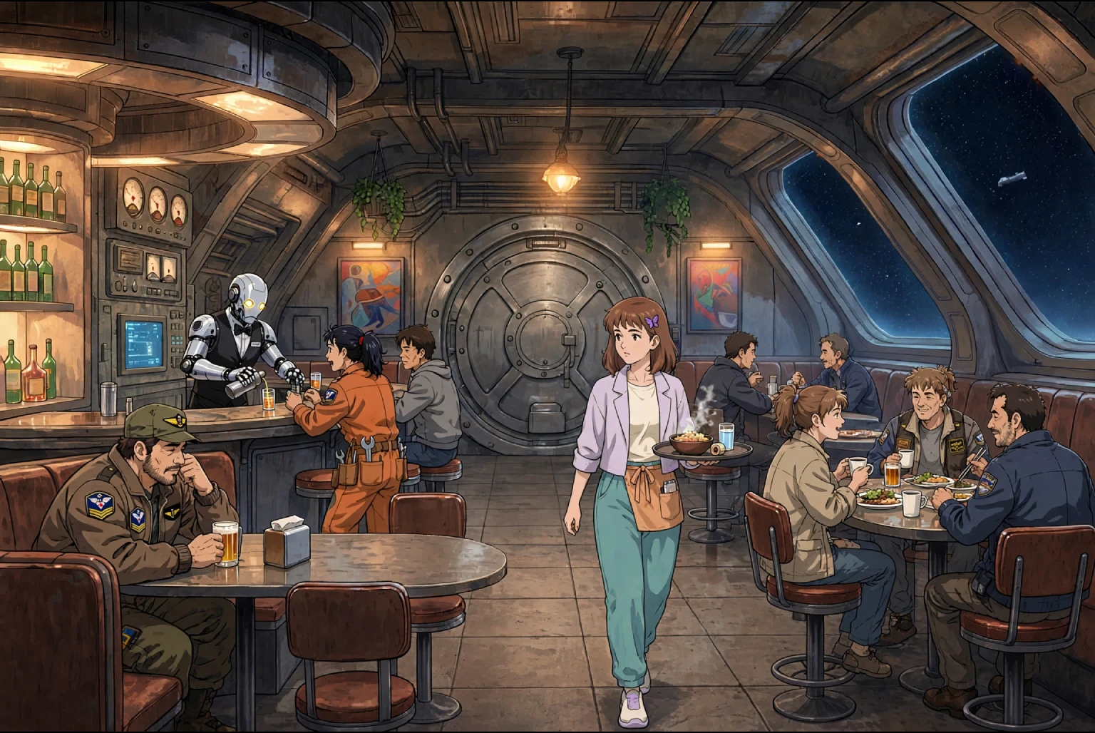 A worn orbital bar and grill welcomes travelers, runaways, pilots, and lonely souls passing through deep space.