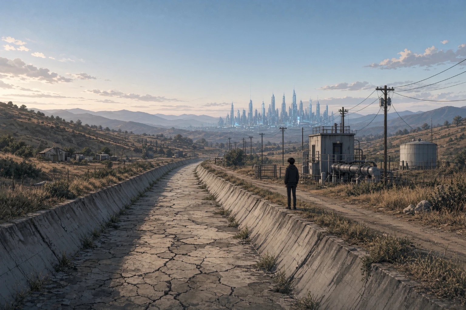 Chrome Water is an original cyberpunk story set in 2089 Northern California, where real water is scarce and the memory of it can be sold.