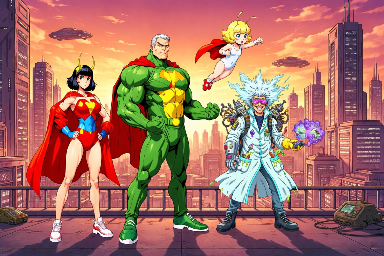 A chaotic superhero team facing bizarre threats with more confidence than competence.