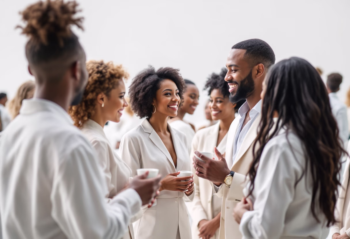 Group of diverse young professionals in beige suits smiling and chatting while holding coffee cups at a casual business gathering.