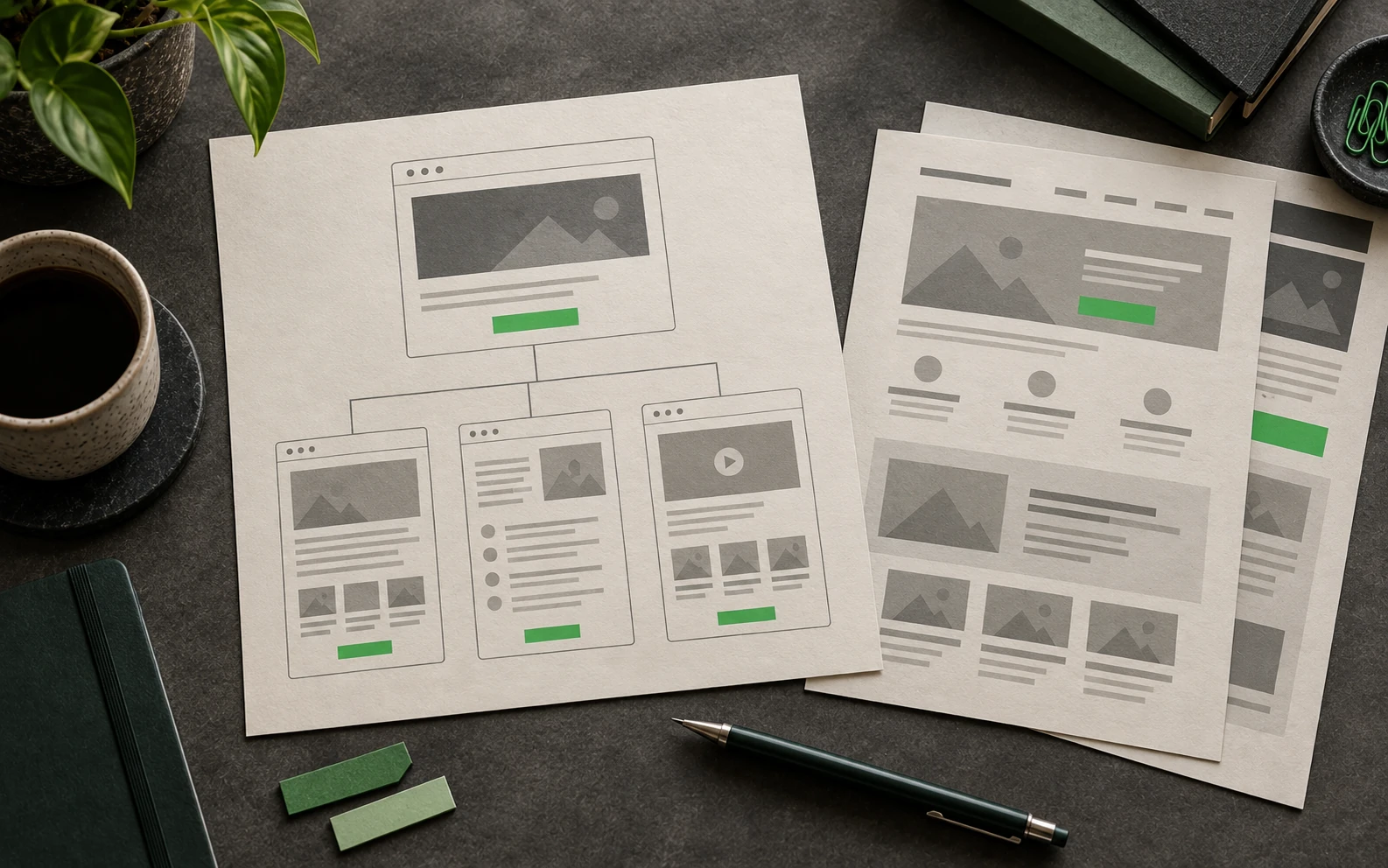 Planungsunterlagen mit Sitemap und Webseiten-Layouts auf dunklem Schreibtisch.