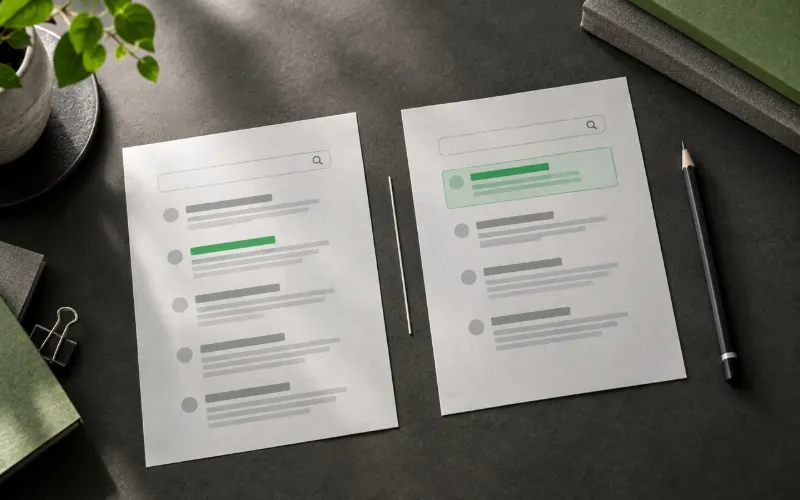 Illustration: Zwei Papierblätter mit Suchergebnislisten, links ein grün markierter Eintrag, rechts ein grün hinterlegter Treffer.