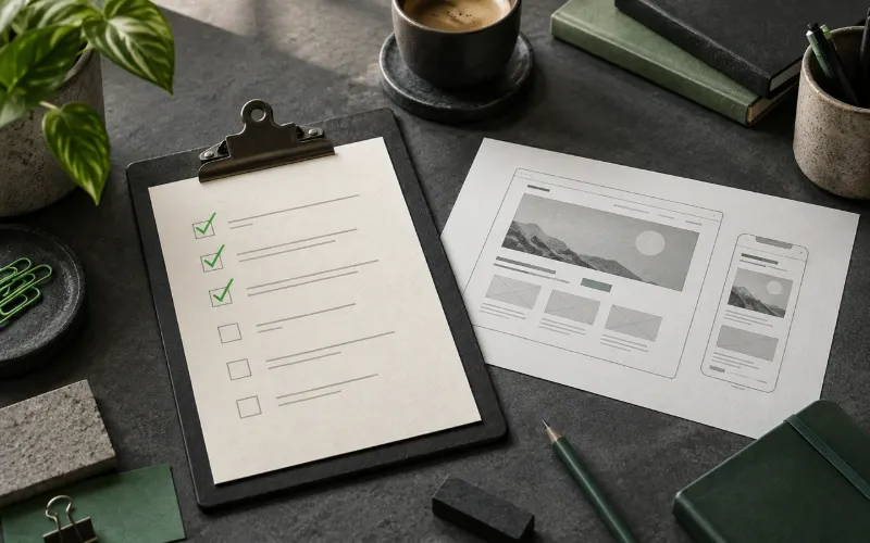 Illustration: Klemmbrett mit abgehakter Checkliste und einem Webseitenentwurf auf einem dunklen Schreibtisch.
