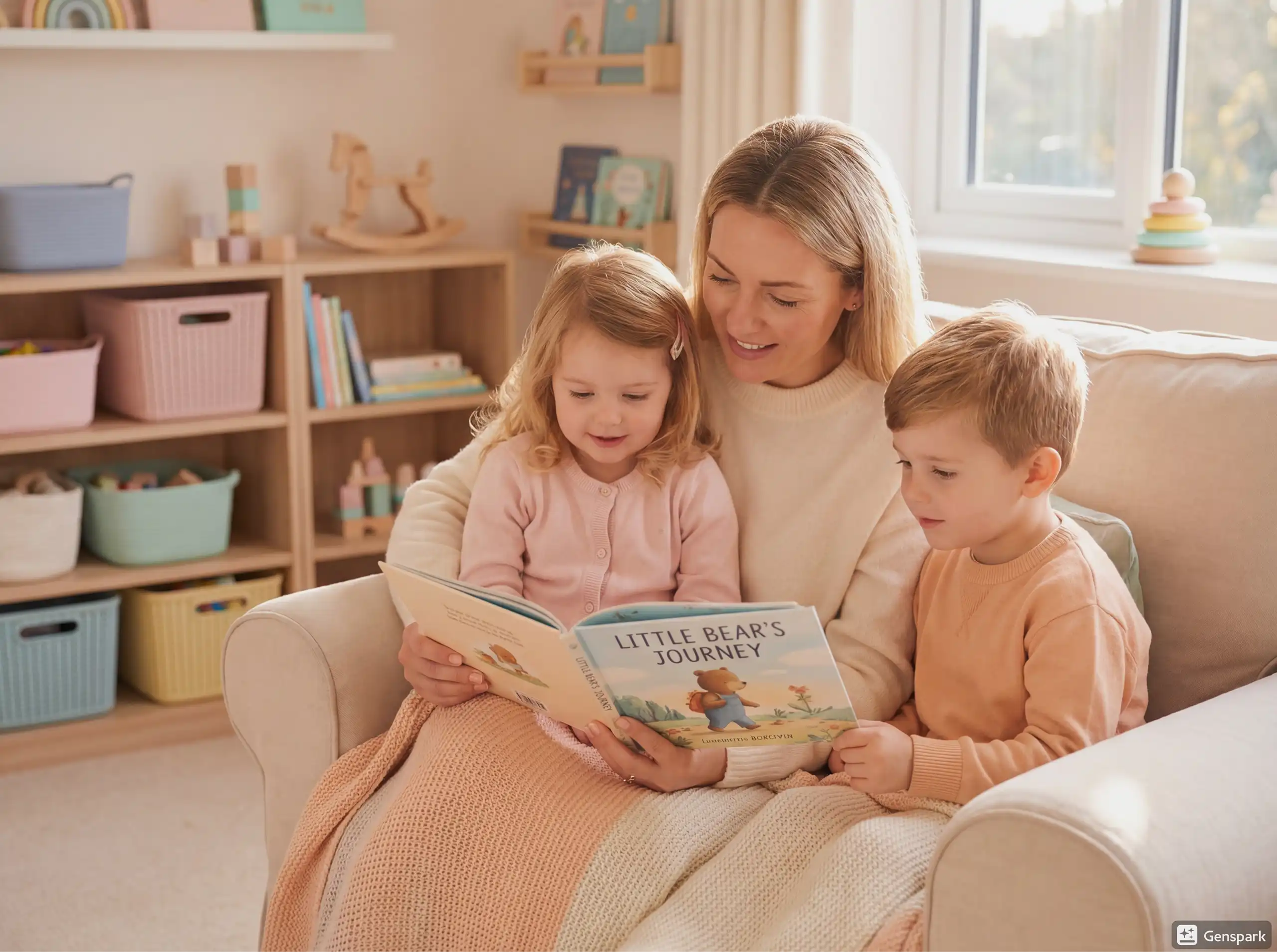 Nanny from Kids in Tow reading the book 'Little Bear's Journey' to two children sitting on a beige sofa in a cozy room.