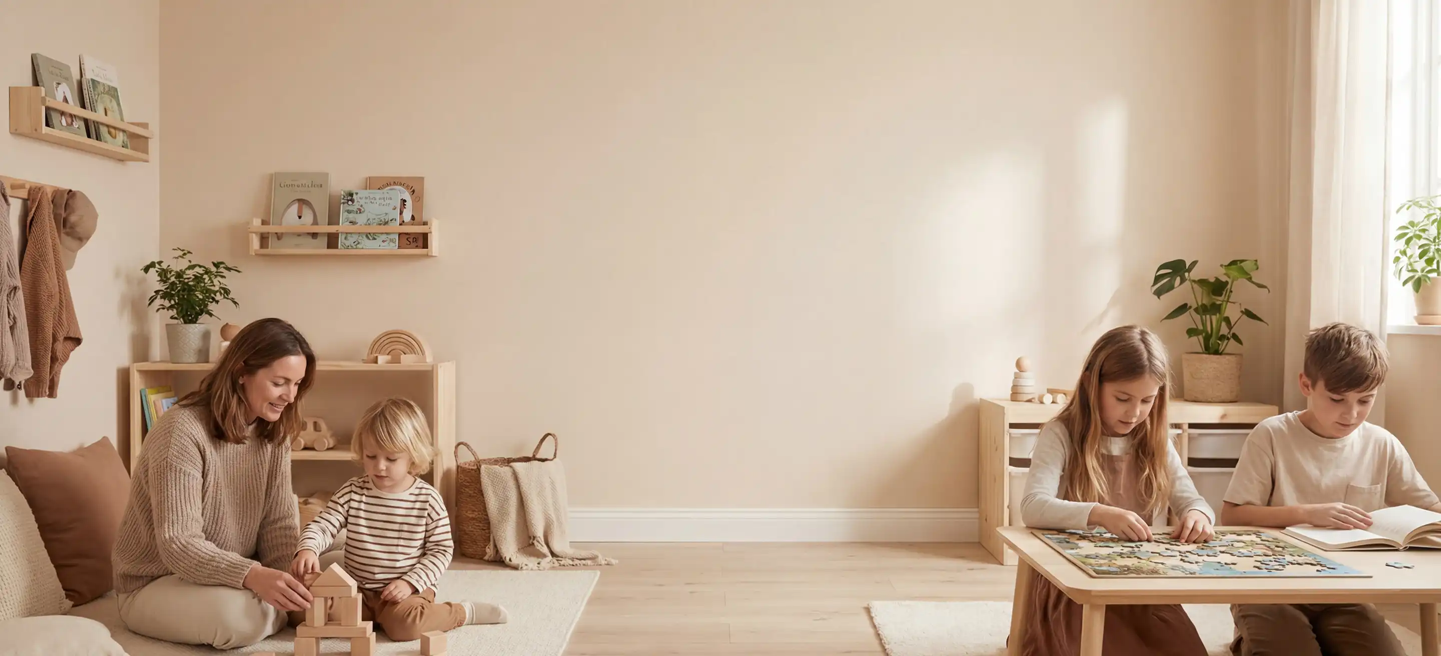A nanny from Kids in Tow and young child building a wooden block structure on the floor while two older children work on a puzzle and read at a wooden table in a cozy, neutral-toned room. 