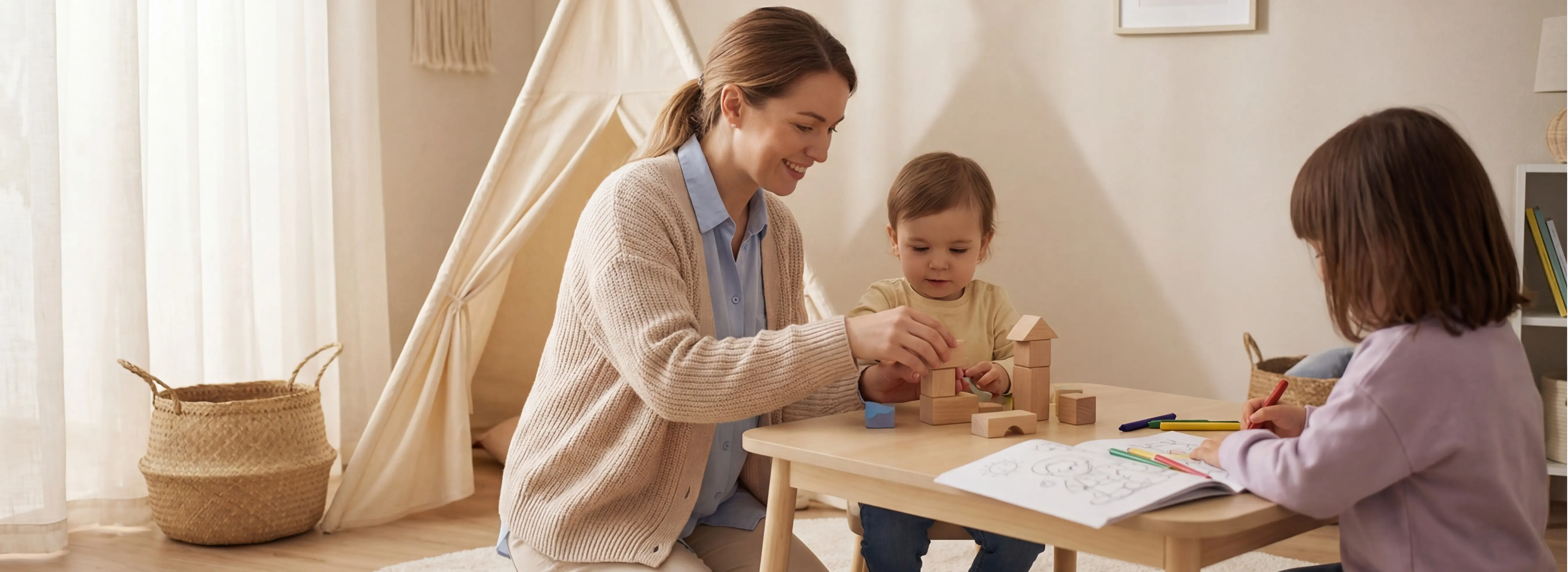 A nanny from Kids in Tow and young boy playing with wooden building blocks at a table while a girl colors in a book nearby. Philadelphia. 