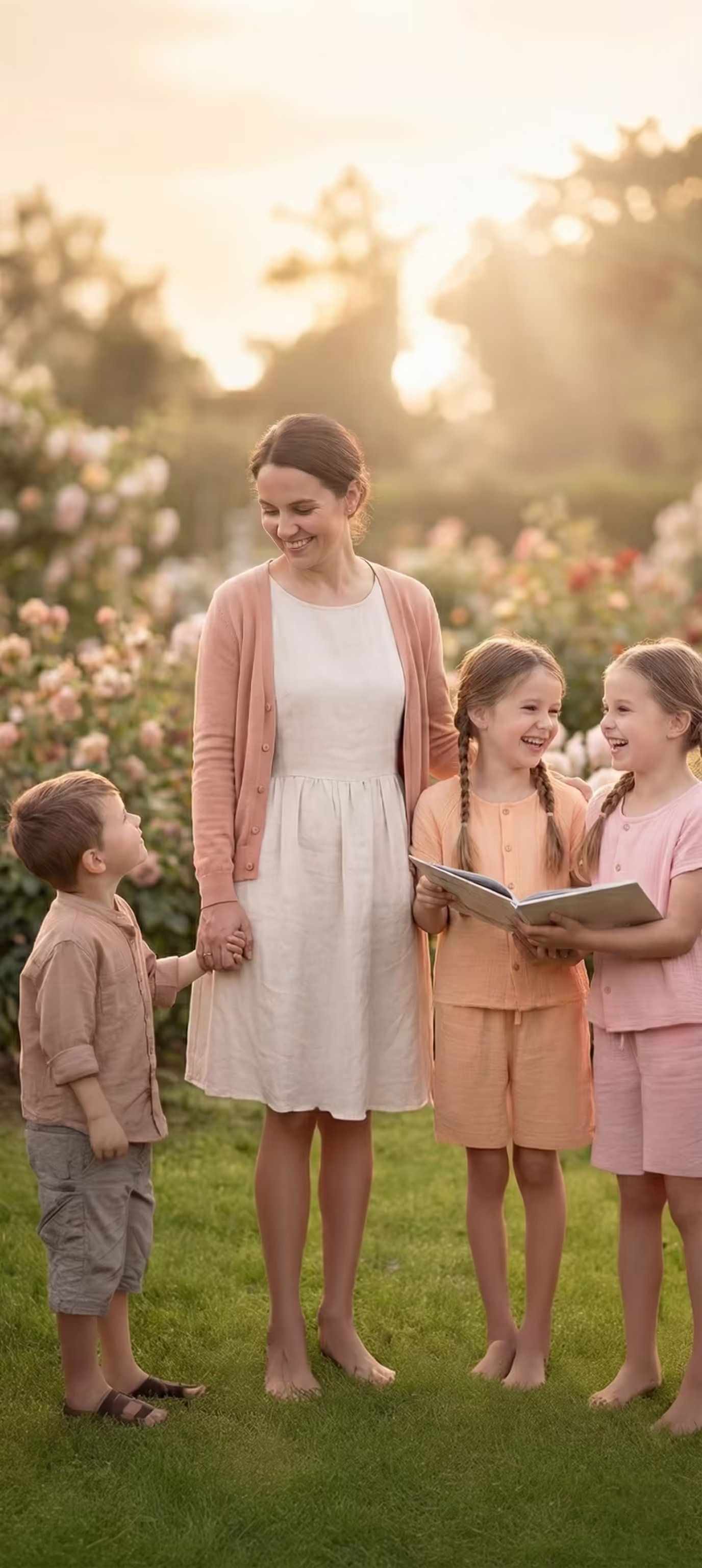 Woman holding hands with a young boy and smiling at two girls reading a book together in a garden at sunset.