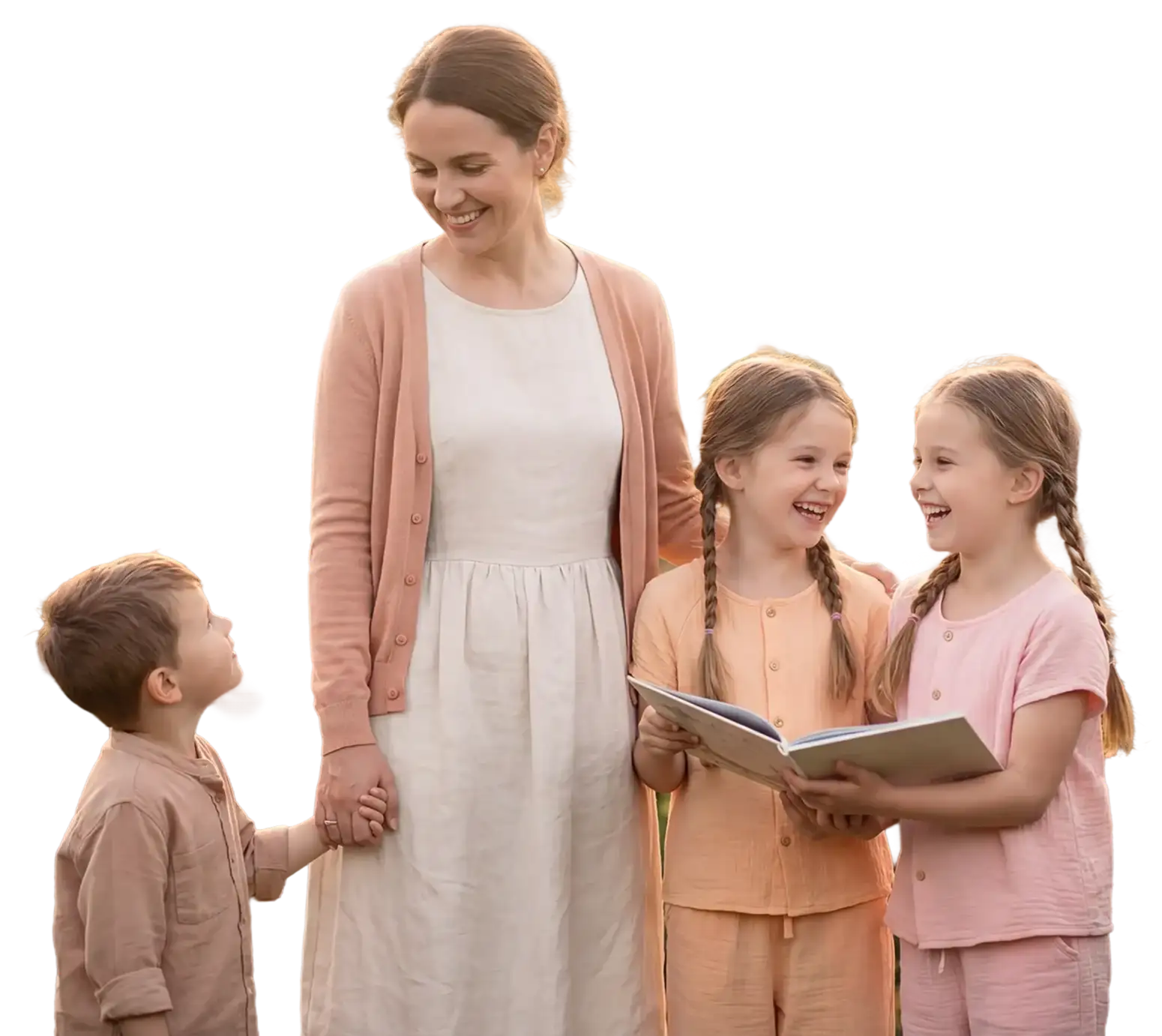 Smiling woman holding hands with a boy while two girls with braided hair read a book together.