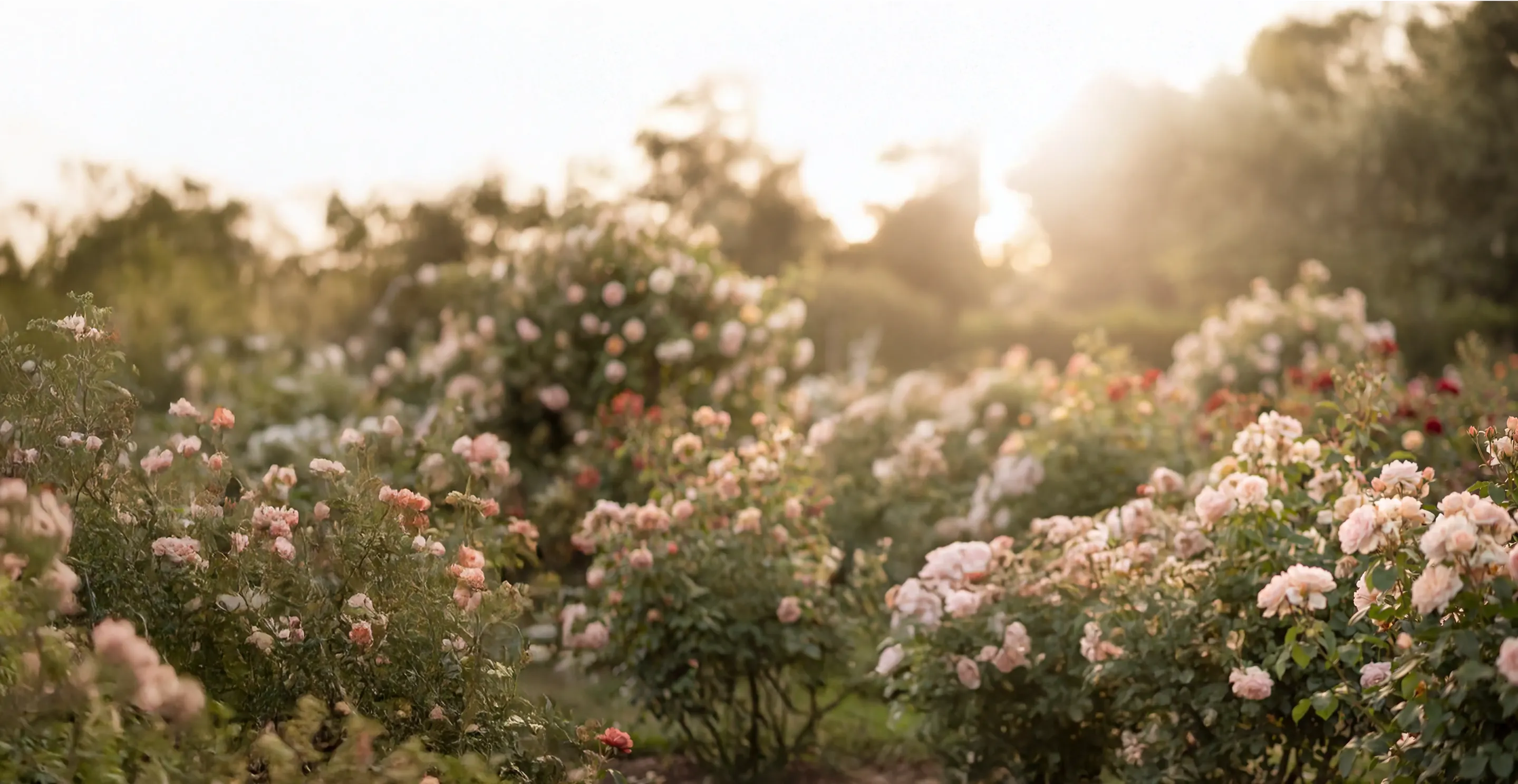 Sunlit garden with blooming pink and red rose bushes under soft morning or evening light.