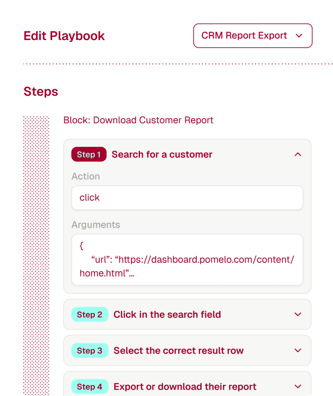 Mobile interface showing an Edit Playbook screen with steps for downloading a customer report, including actions like searching for a customer and clicking in the search field.