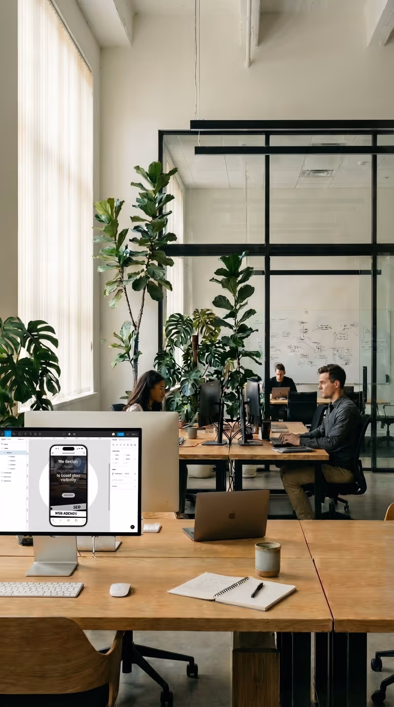 DigitalCorp agency team collaborating on a premium B2B web design project