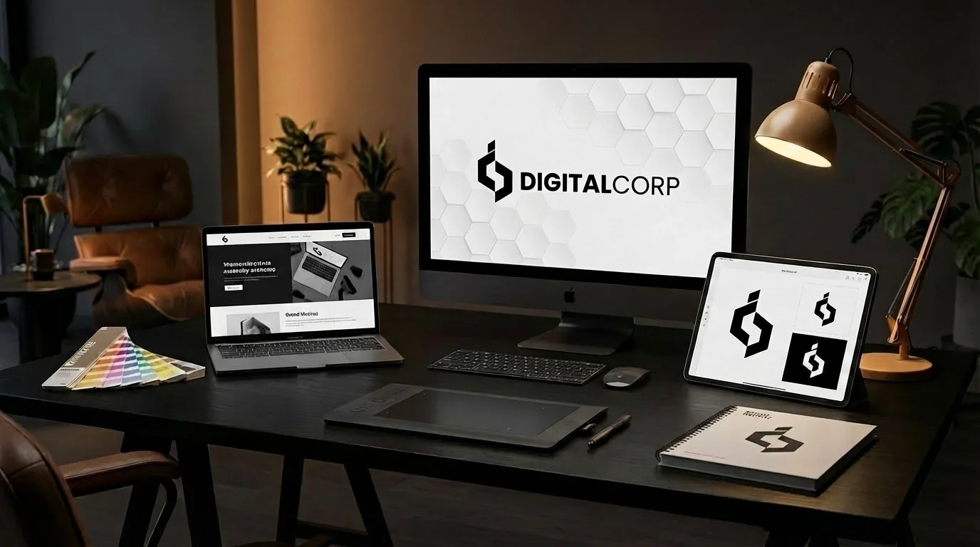 Logo design workspace illustrating DigitalCorp's B2B logo and brand identity service