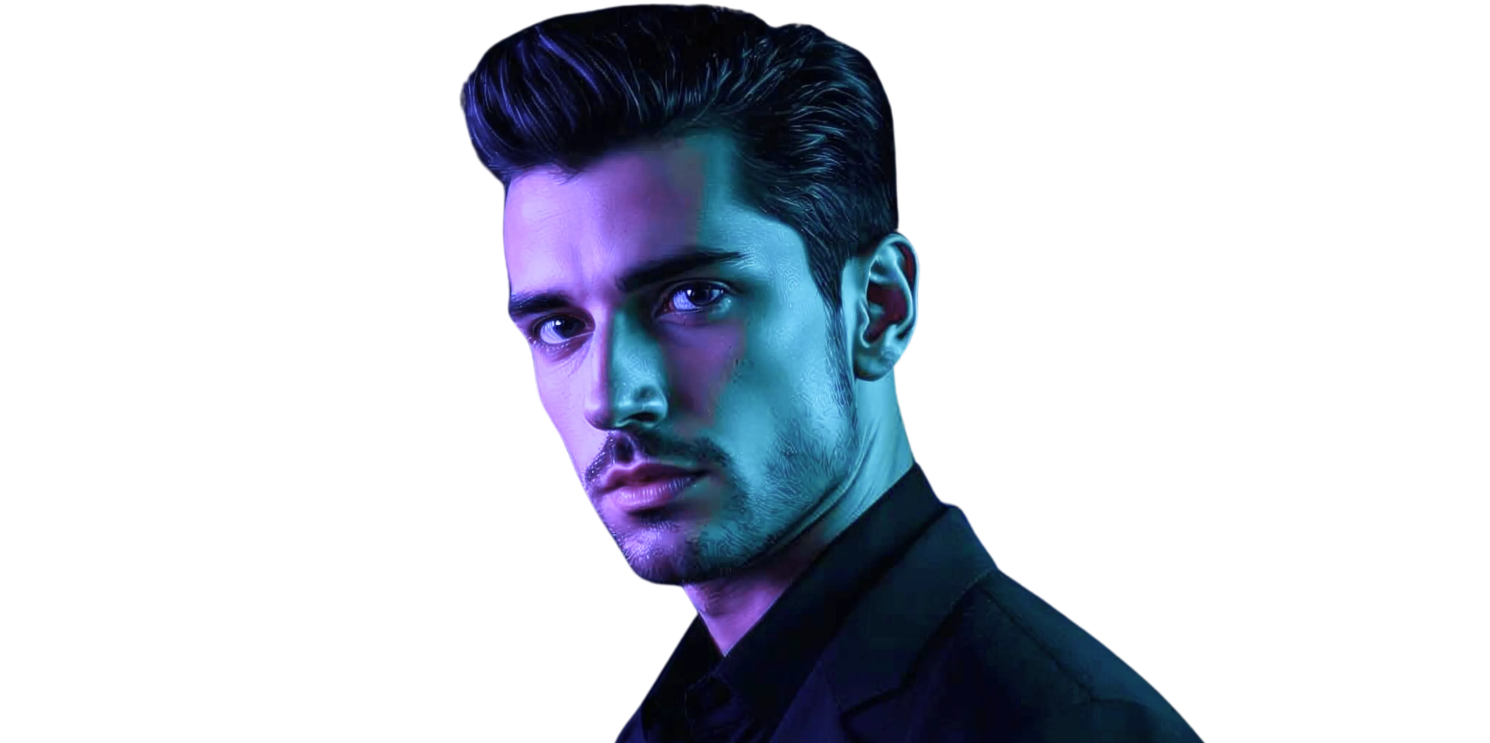 Portrait of a young man with styled hair and slight facial stubble, illuminated by purple and blue lighting against a black background.