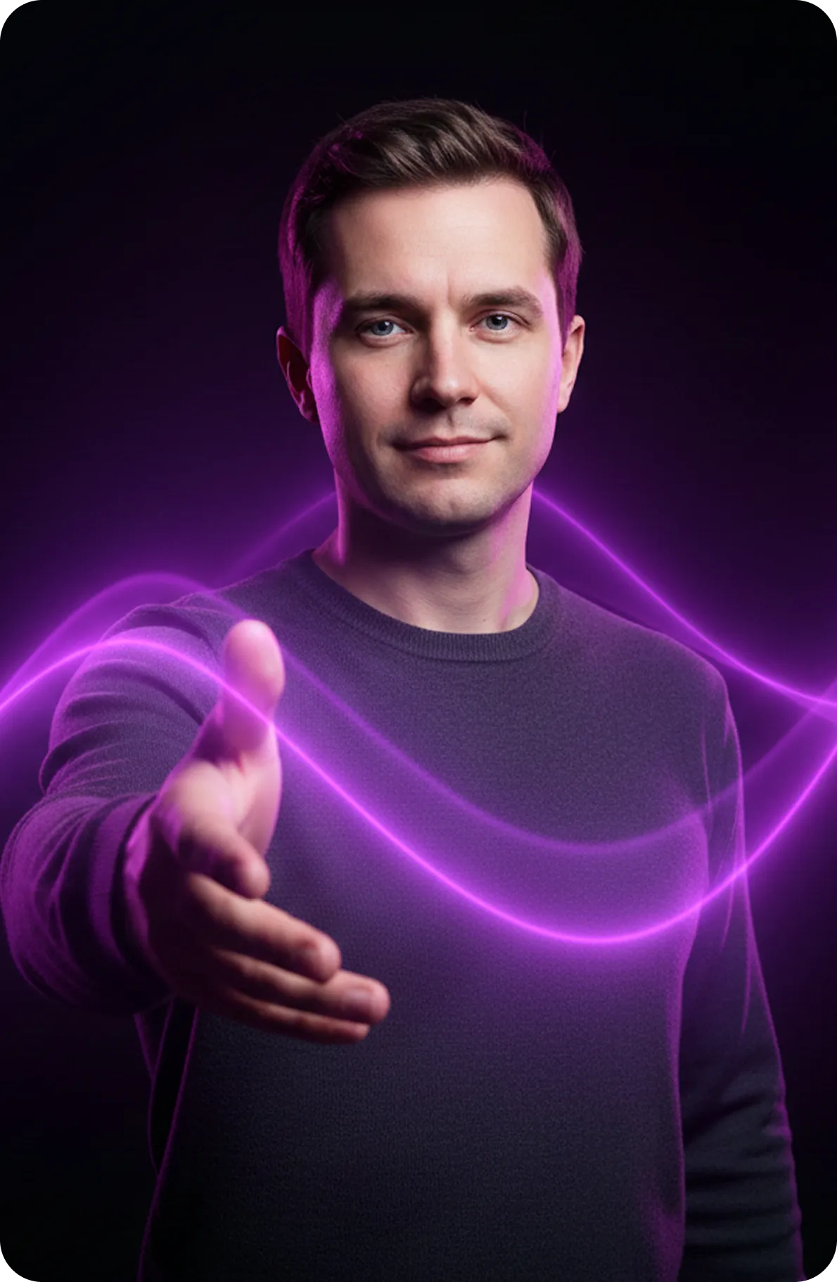 Man in dark sweater extending his hand forward with glowing purple light trails around him on a black background.