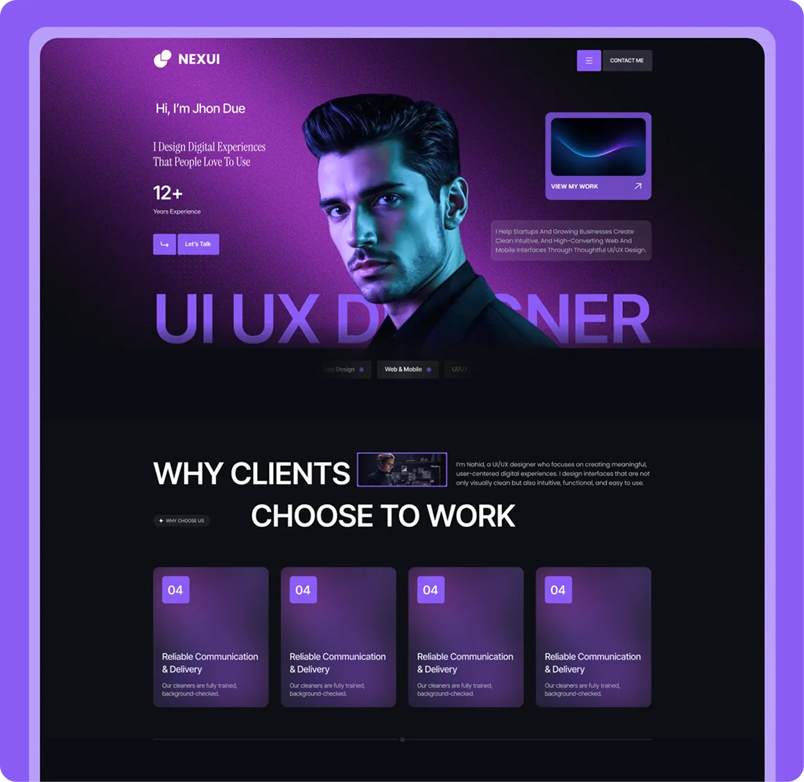 Portfolio webpage of Jhon Due, a UI/UX designer, with purple and black theme, showcasing experience, work samples, and client benefits.