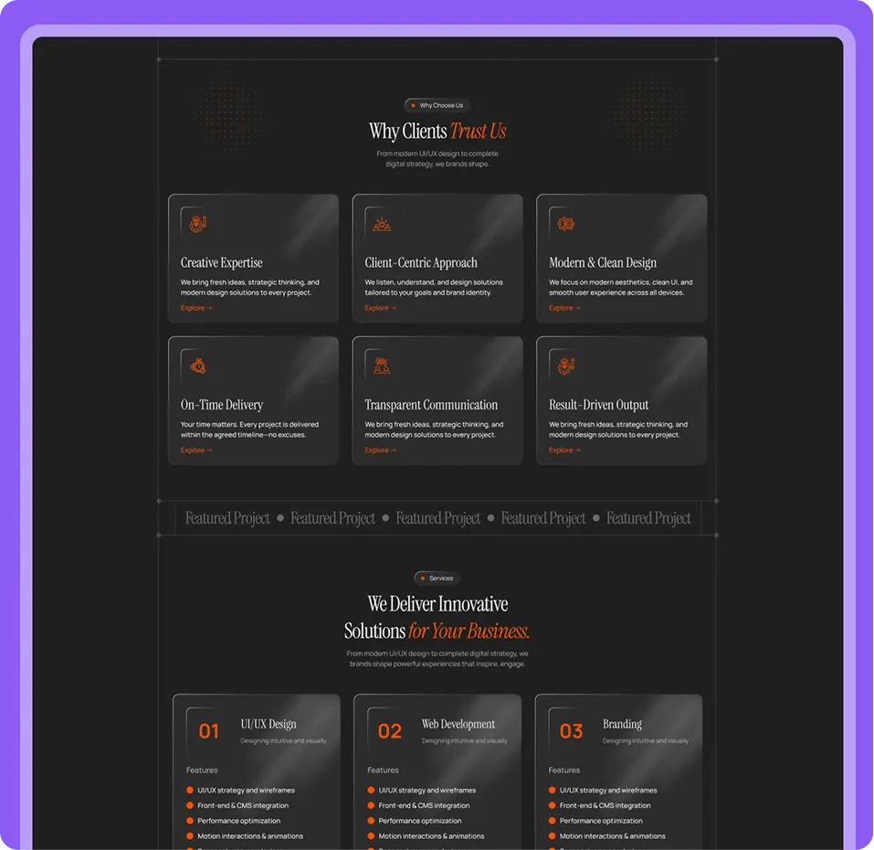 Dark-themed webpage section featuring 'Why Clients Trust Us' with six service highlights and 'We Deliver Innovative Solutions for Your Business' showcasing UI/UX Design, Web Development, and Branding services with bullet-point features.