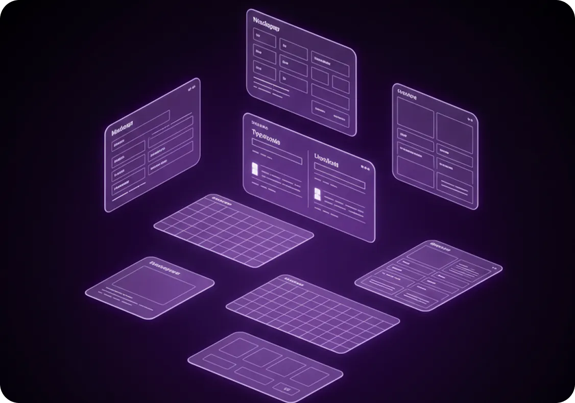 3D isometric digital interface panels and keyboards floating on a dark purple background, illustrating futuristic UI design elements.