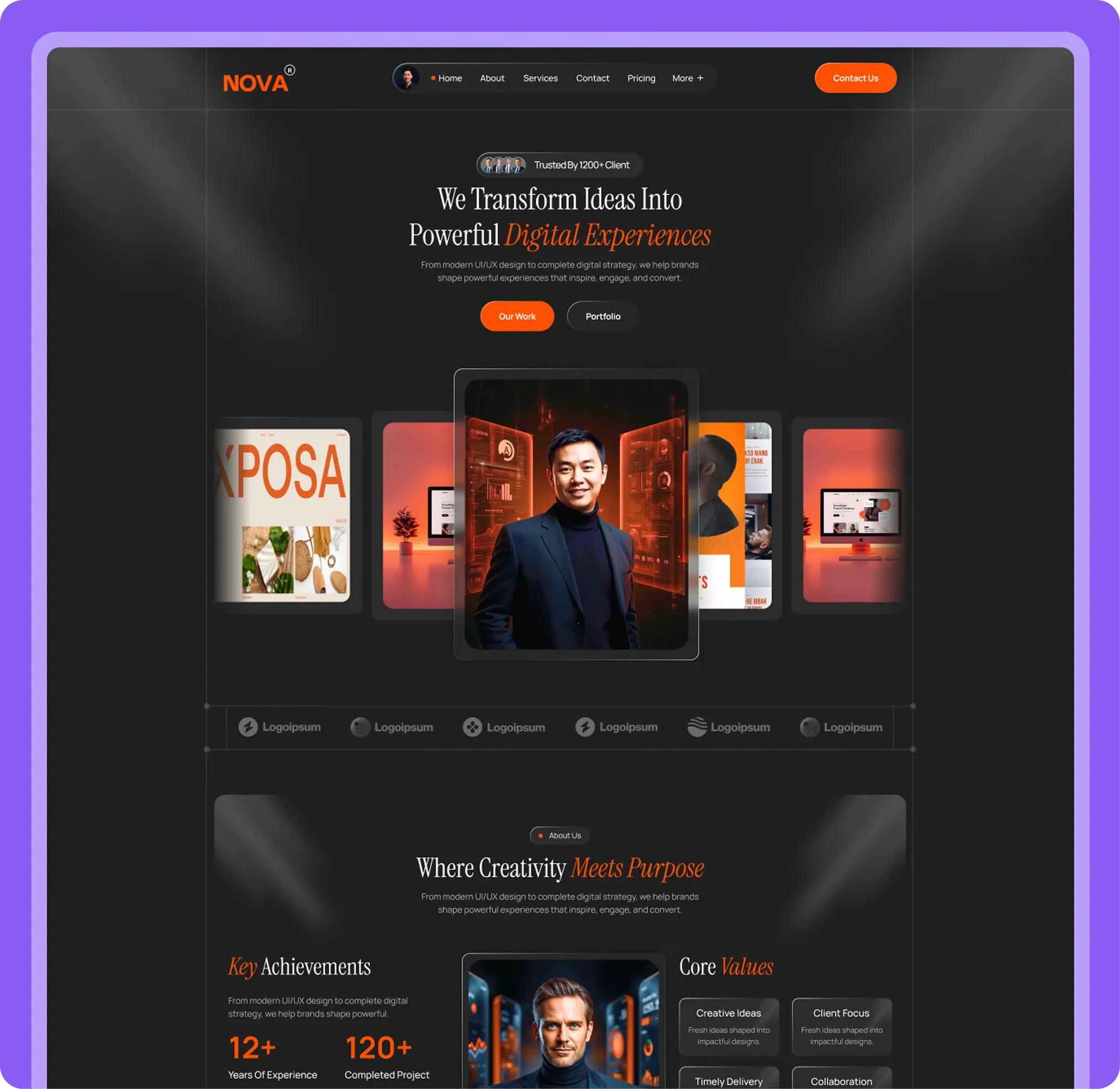 Website homepage for NOVA showcasing digital experience services with client trust, work samples, key achievements, and core values.