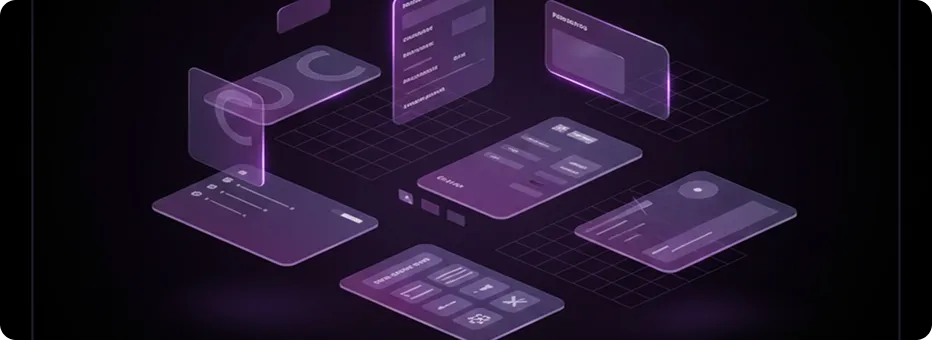 Abstract dark background with smooth, flowing purple waves and small light orbs.