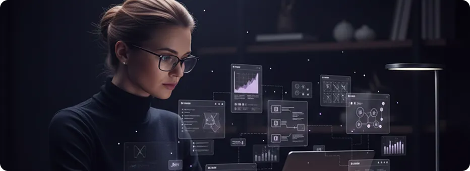 Abstract flowing purple waves with small glowing orbs on a dark background.