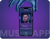 Abstract dark background featuring a smooth, glowing wave transitioning from blue to purple.