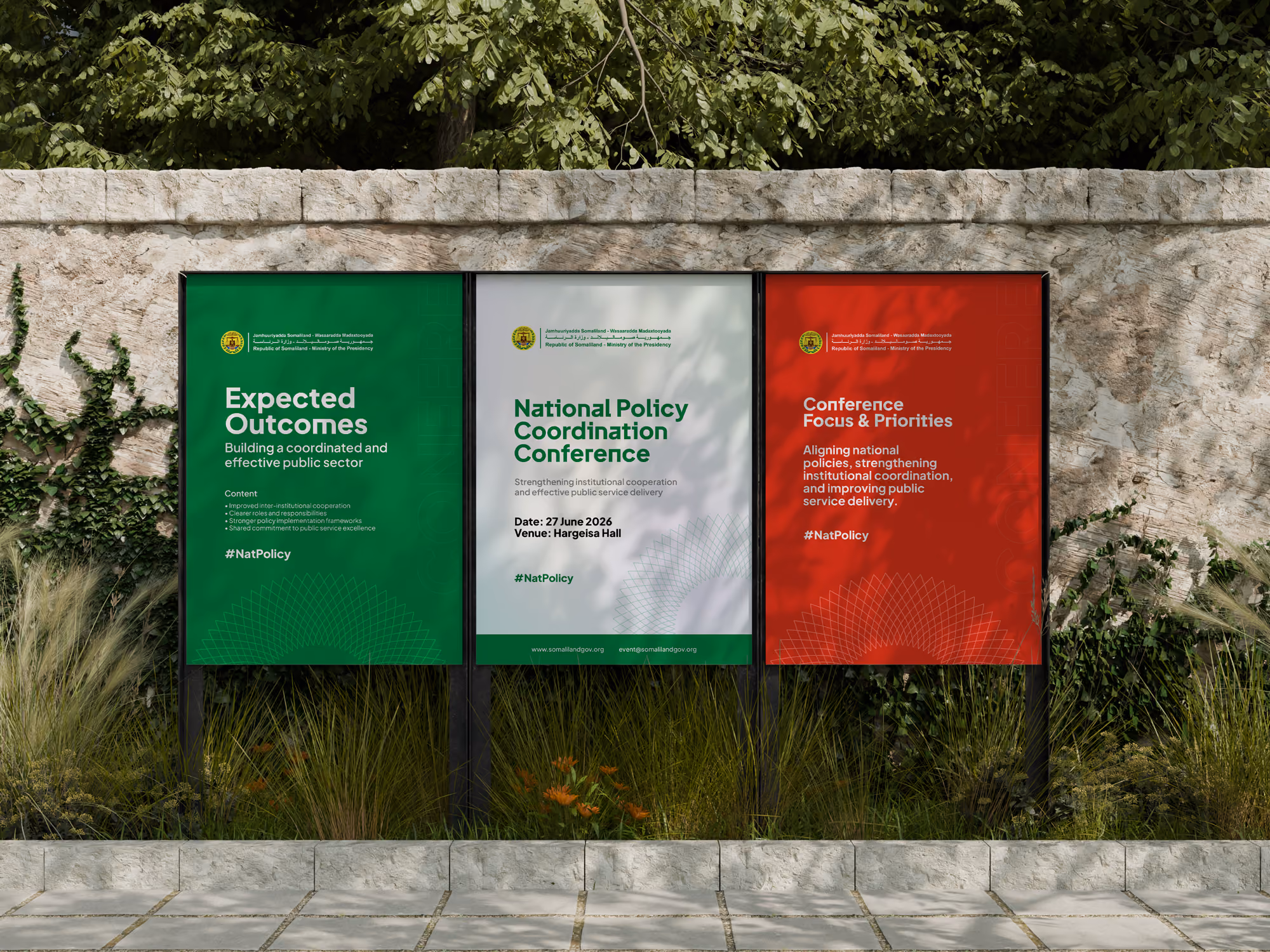 Somaliland Government policy conference posters displayed on an outdoor poster board