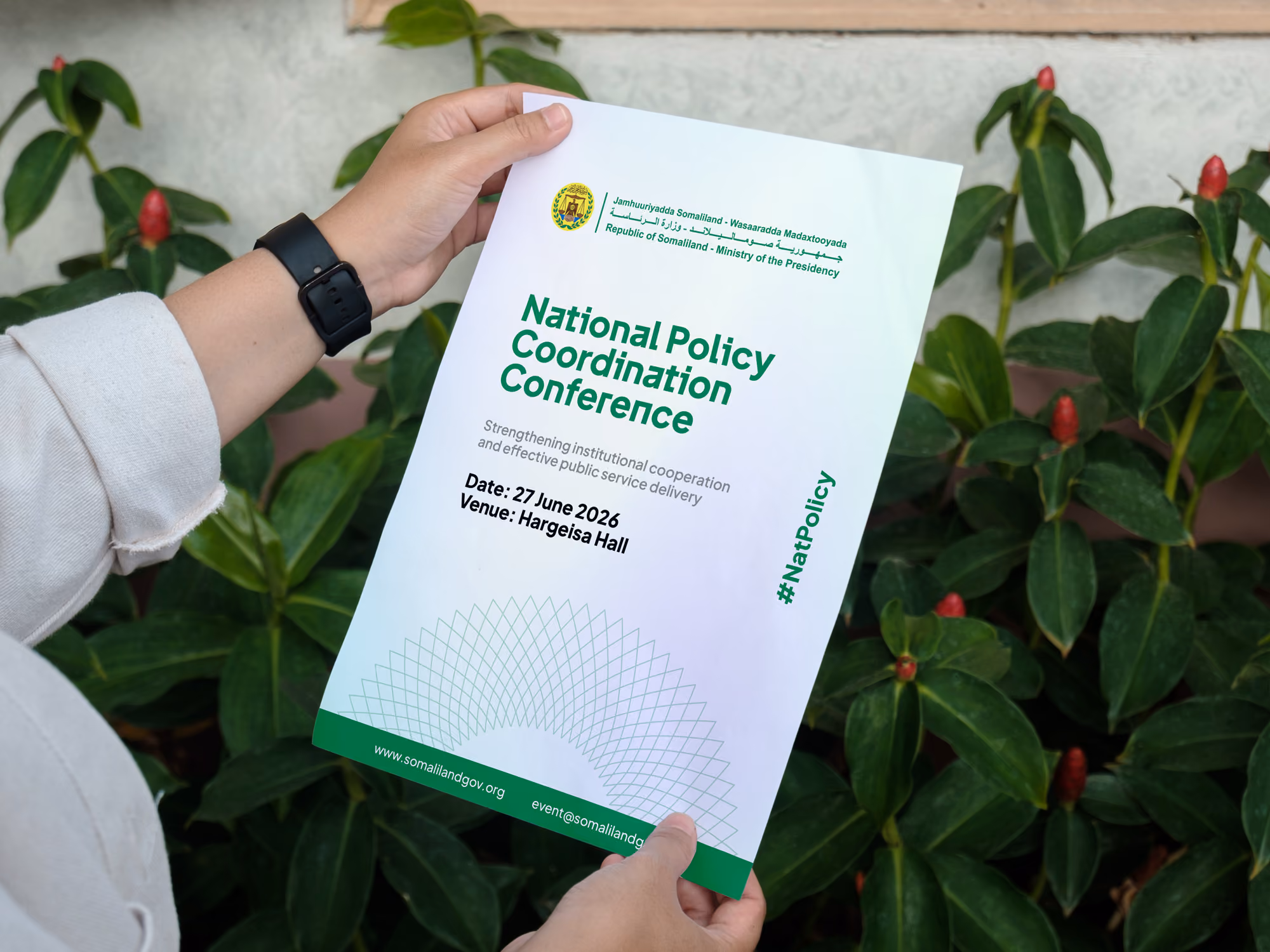 Printed National Policy Coordination Conference poster in the Somaliland Government brand style