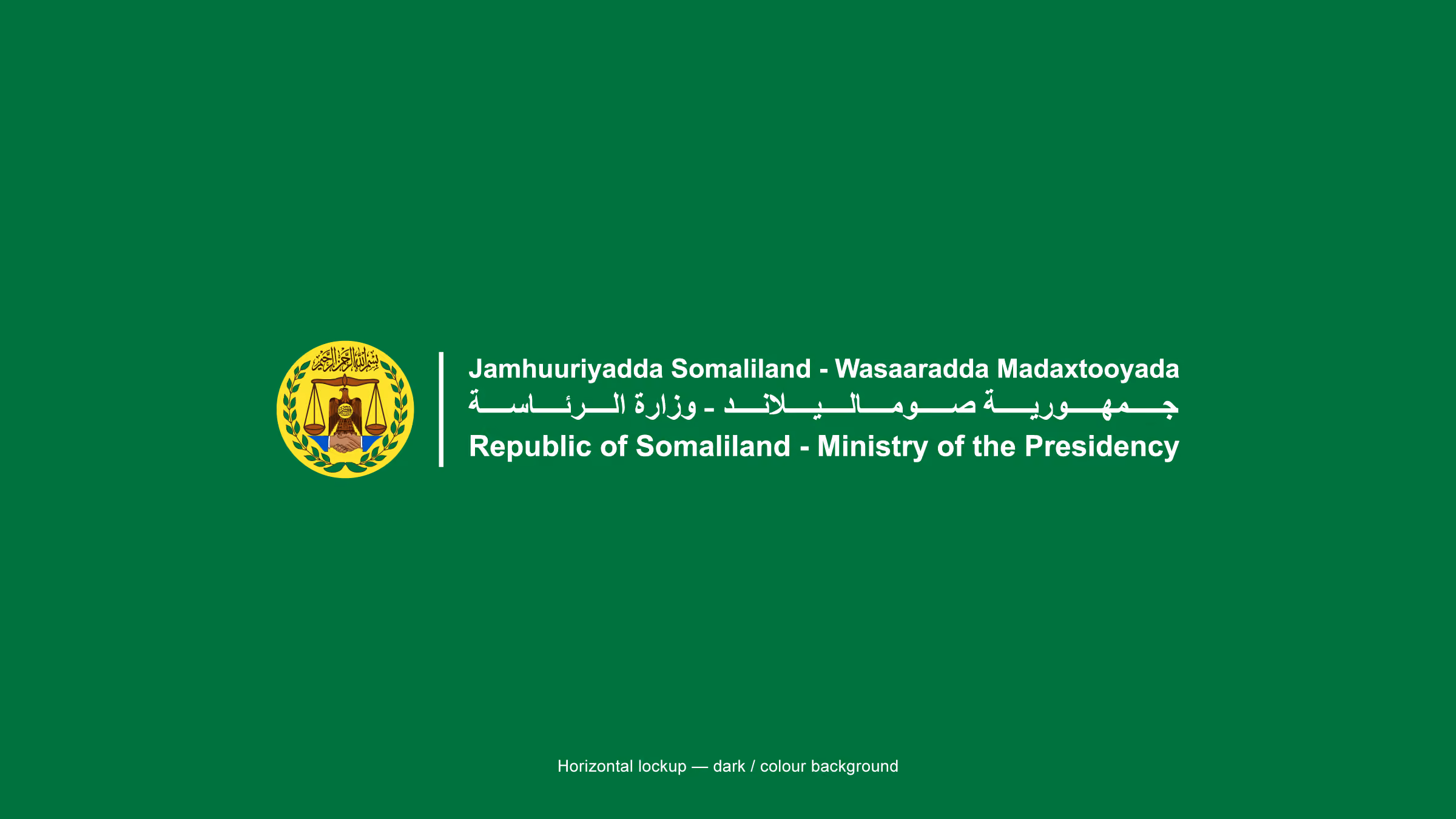 Ministry of the Presidency horizontal lockup reversed on a Government Green background
