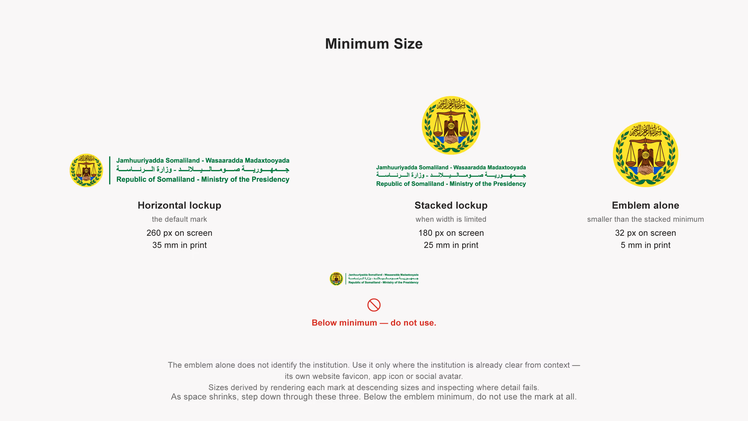 Minimum reproduction sizes for the horizontal lockup, the stacked lockup and the emblem alone, with a below-minimum example marked do not use