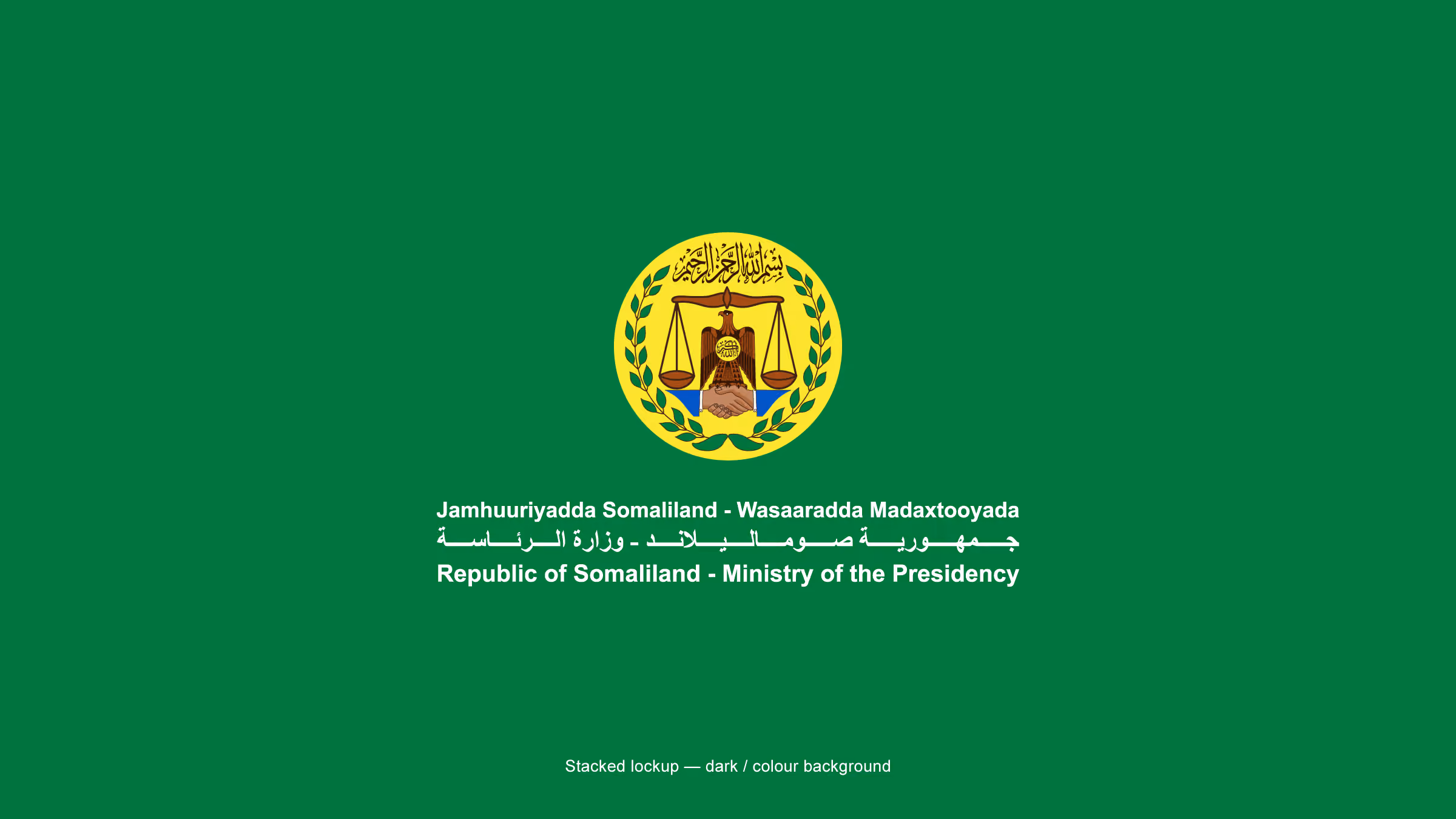 Ministry of the Presidency stacked lockup reversed on a Government Green background