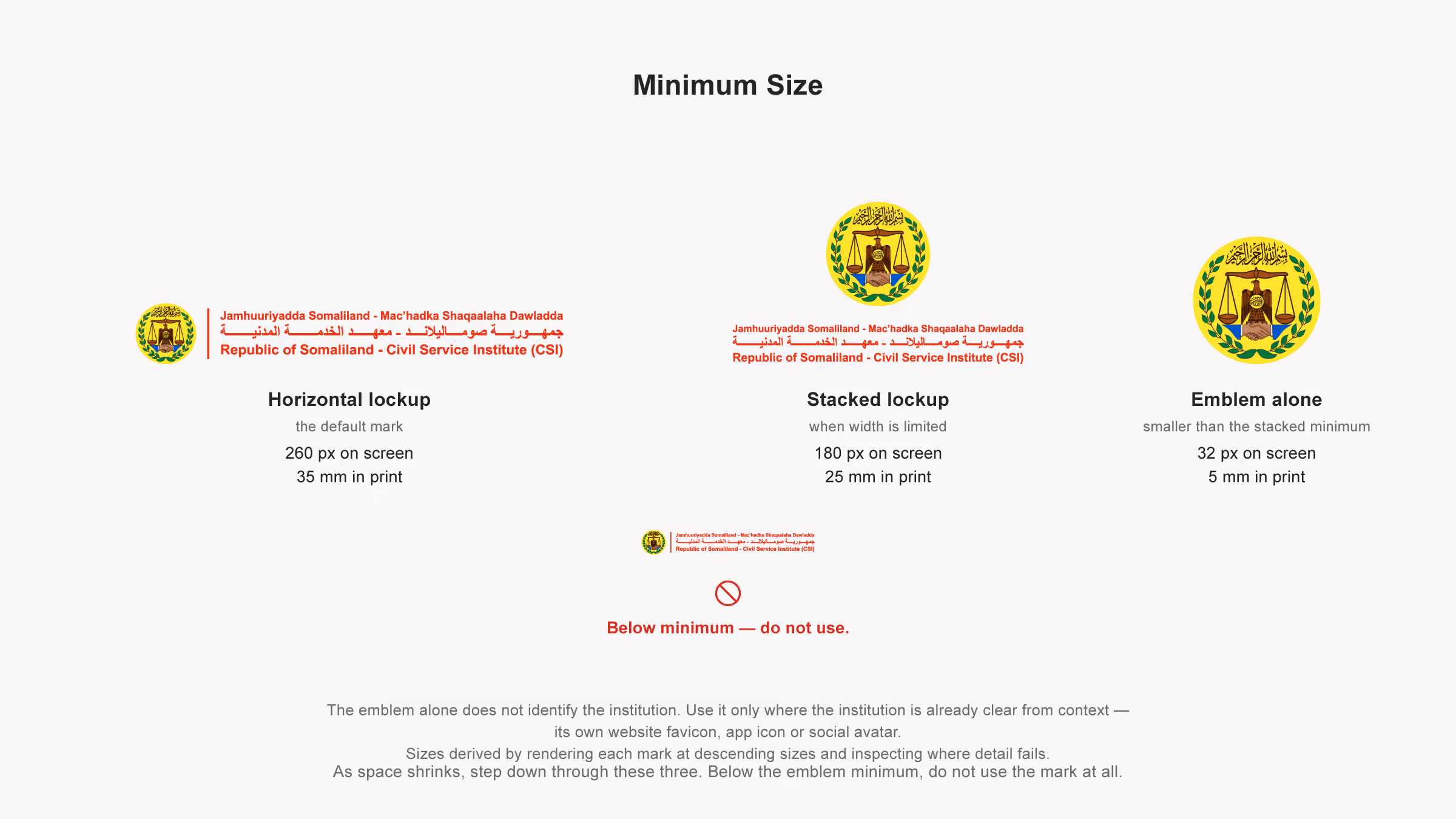 Minimum reproduction sizes for the Civil Service Institute horizontal lockup, stacked lockup and emblem alone, with a below-minimum example marked do not use