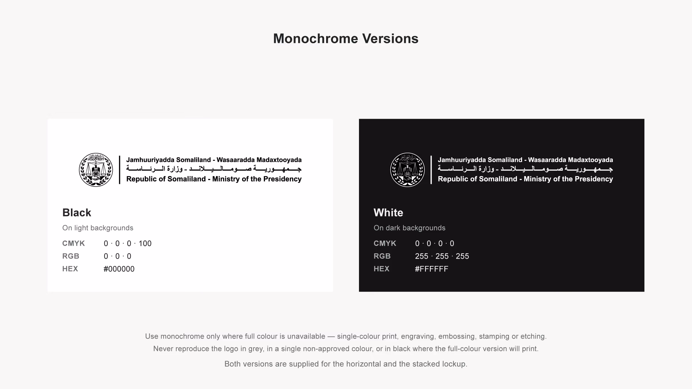 Monochrome specifications showing the black version for light backgrounds and the white version for dark backgrounds