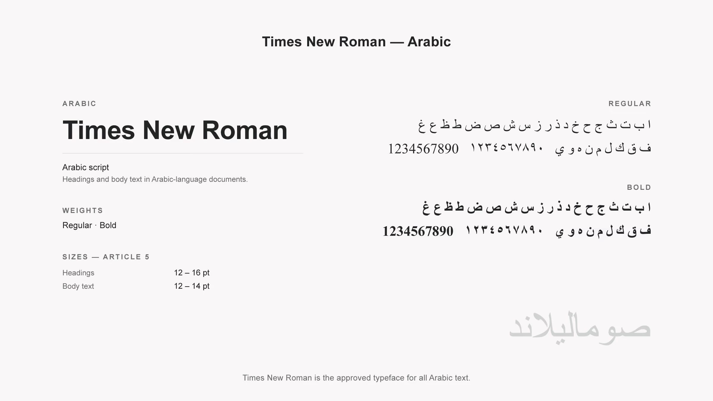Times New Roman specimen: the approved typeface for all Arabic text, headings and body alike, shown in Regular and Bold