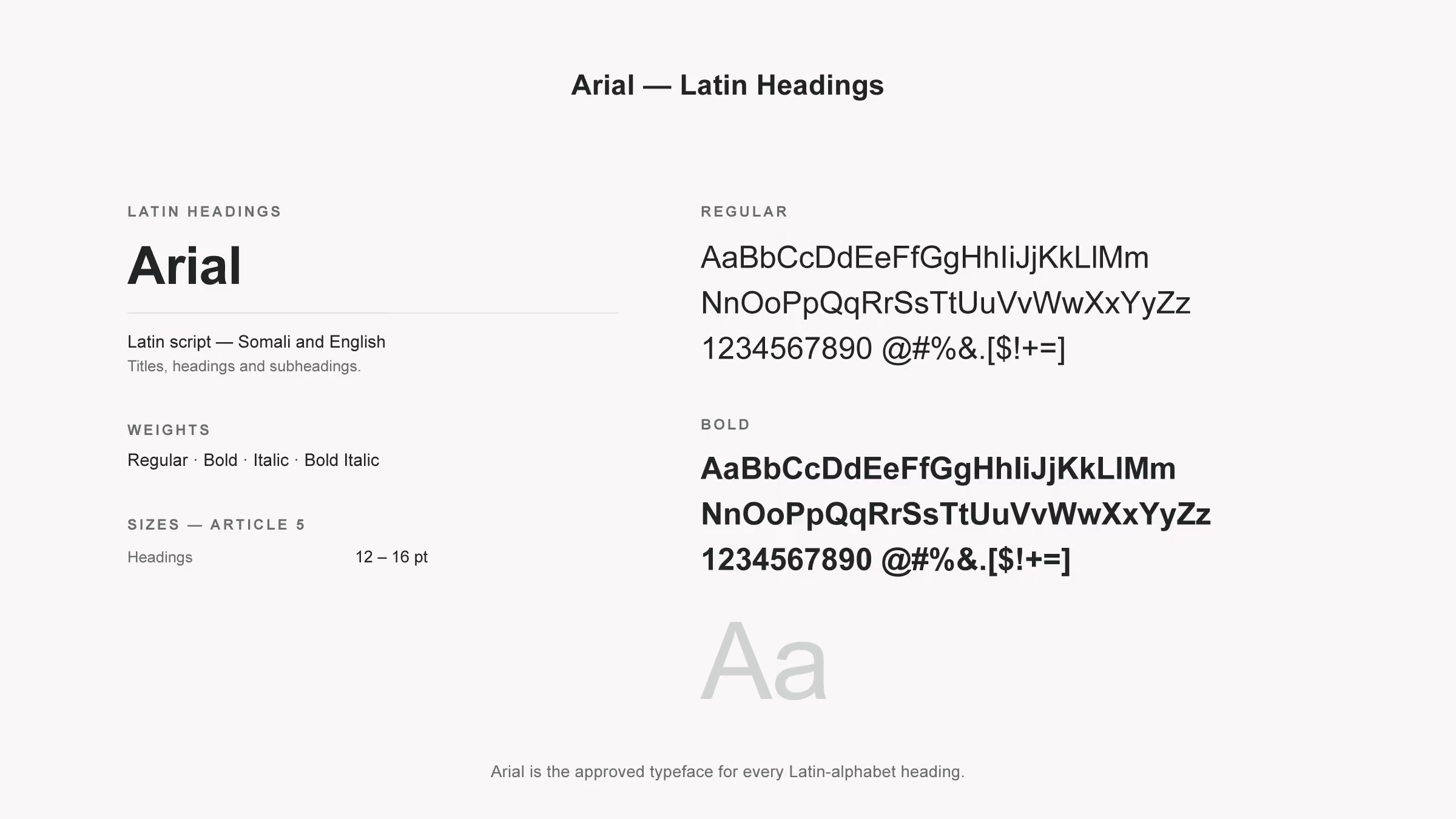 Arial specimen: the approved typeface for every Latin-alphabet heading in Somali and English, shown in Regular and Bold