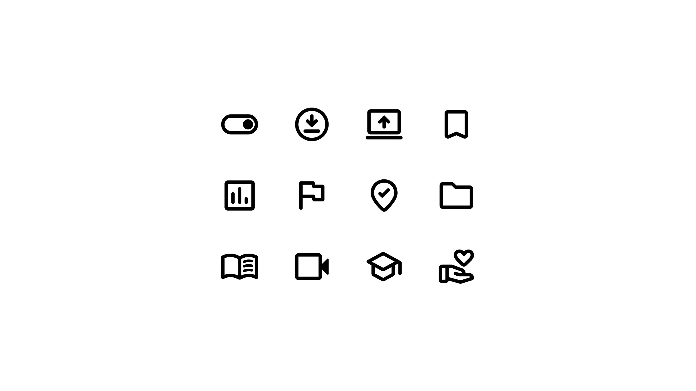 Twelve Somaliland Government icons in the outline style, including toggle, download, upload, bookmark, chart, flag, location, folder, book, video, education and care symbols