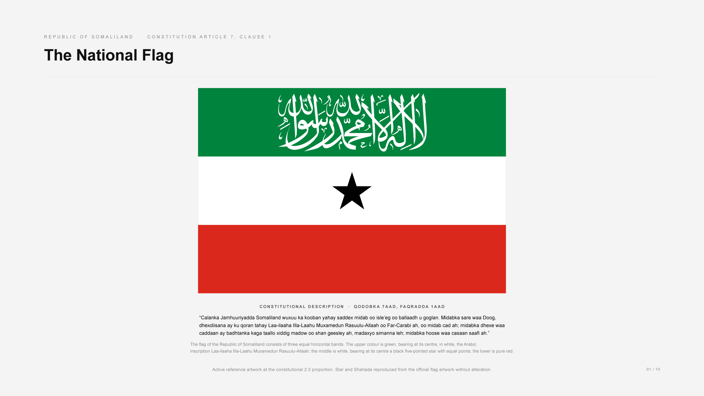 The National Flag of the Republic of Somaliland at the constitutional 2:3 proportion: three equal horizontal bands of green, white and red, the white Shahada inscription centred on the green band and a black five-pointed star centred on the white band, with the full Article 7(1) constitutional description quoted beneath in Somali and English.