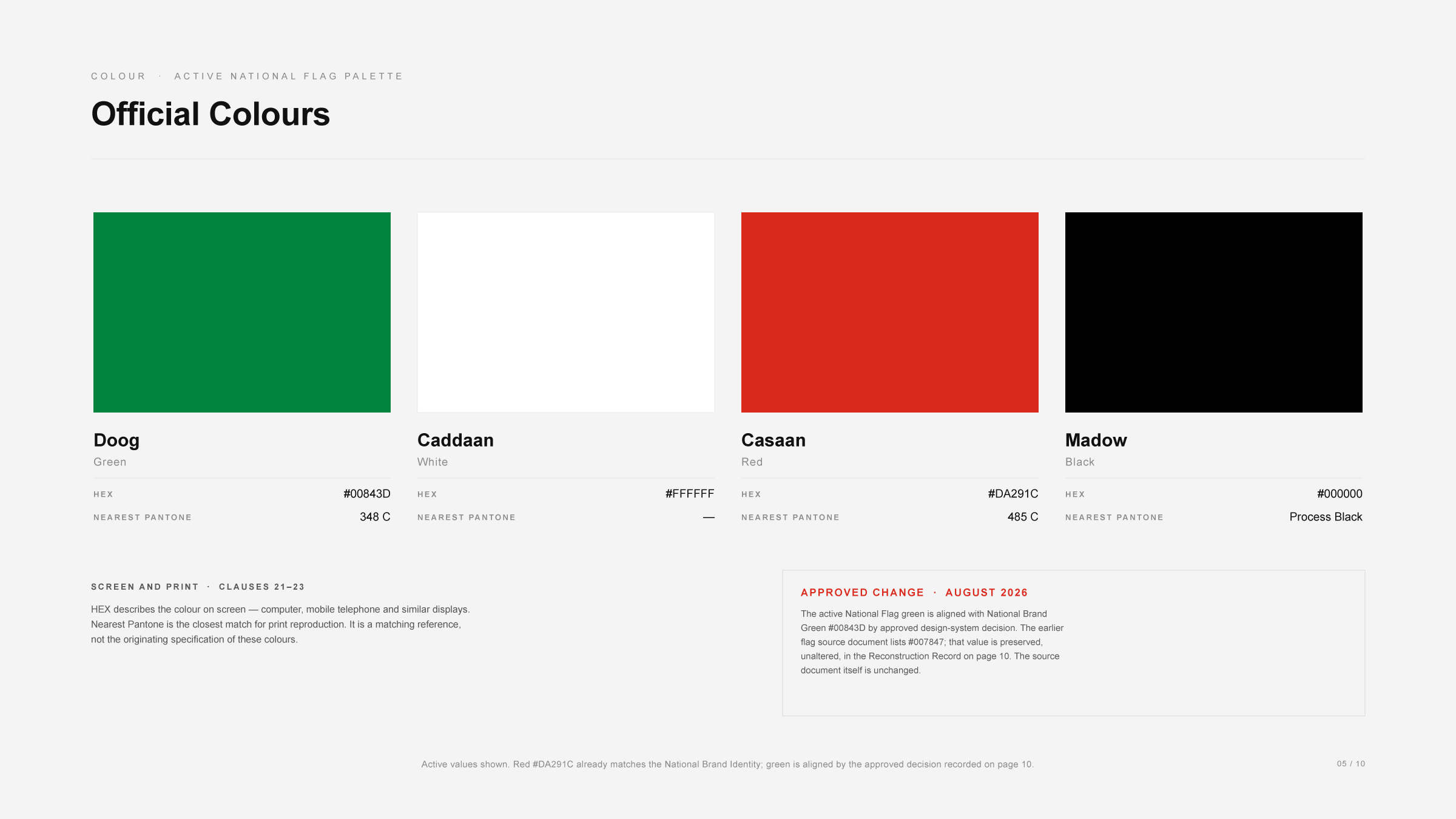 Official colours of the National Flag shown as four swatches with their values: Doog green, Caddaan white #FFFFFF, Casaan red #DA291C and Madow black #000000, with an explanation that HEX values govern screen reproduction and Pantone references guide print.