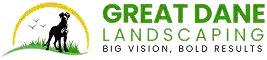 Logo for Great Dane Landscaping featuring a black silhouette of a Great Dane dog inside a yellow arc above green grass, with the text “Great Dane Landscaping” and the tagline “Big Vision, Bold Results.”