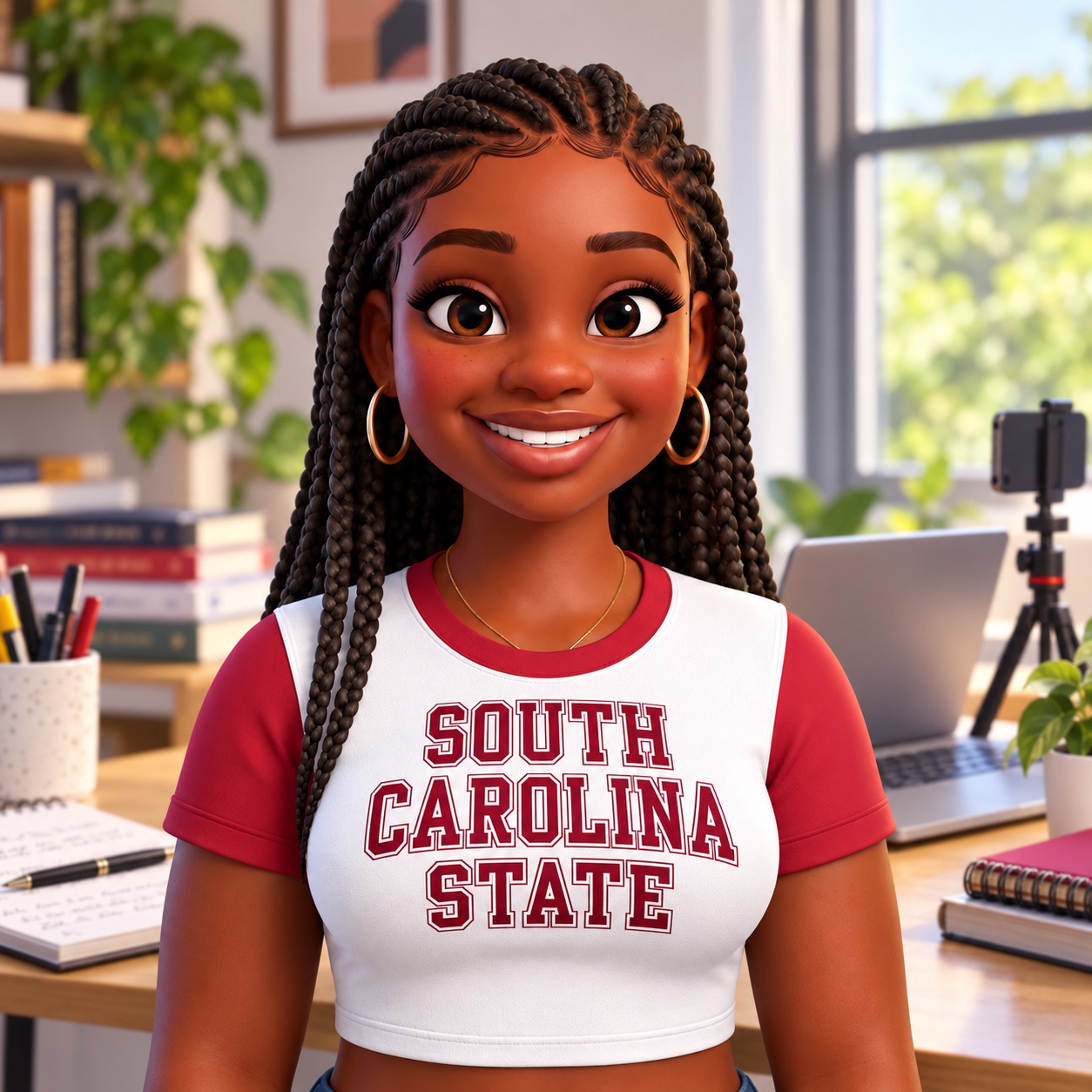Illustrated portrait of Talia Jordan in a student creative workspace, wearing a South Carolina State shirt