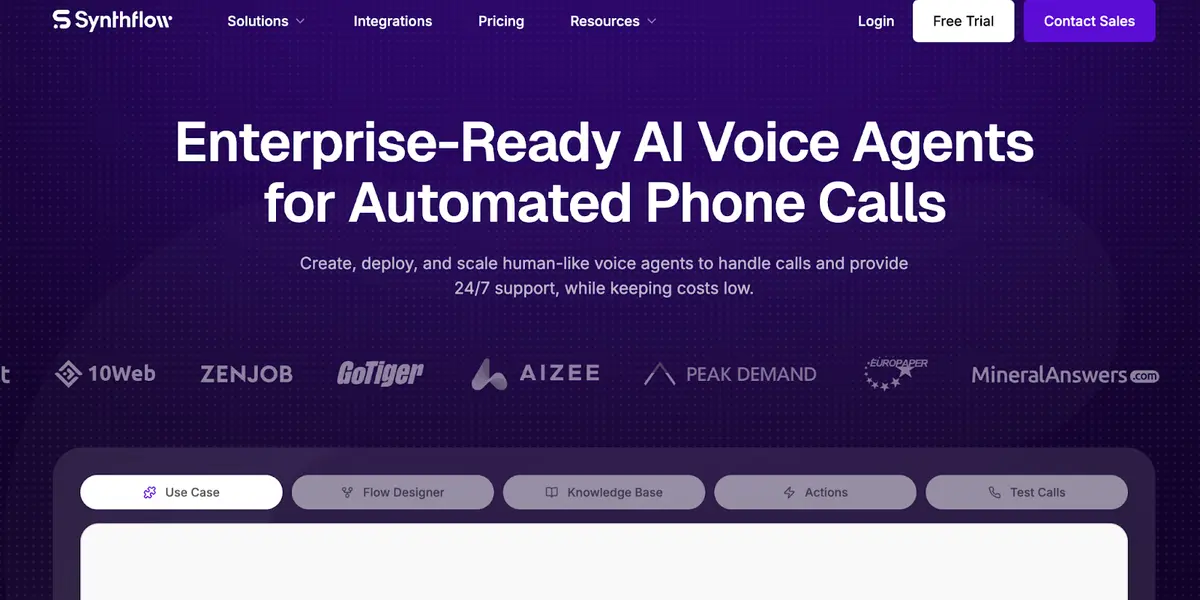 Synthflow AI home page 