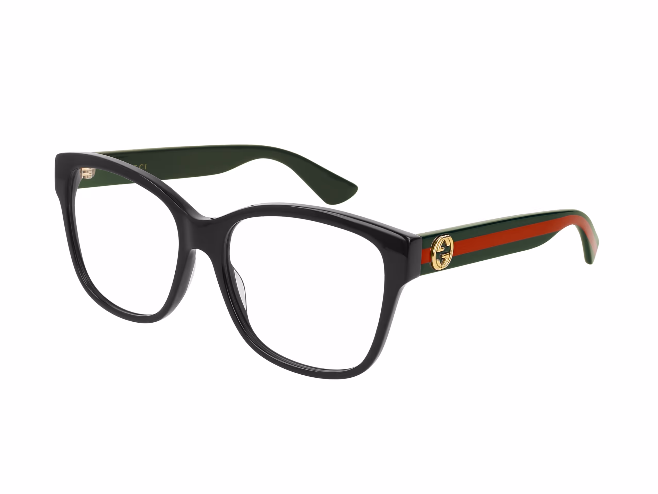 Black Gucci eyeglasses with green and red striped temple arms