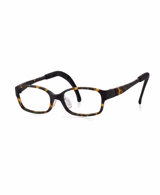 Tortoiseshell rectangular eyeglasses with black arms on white background
