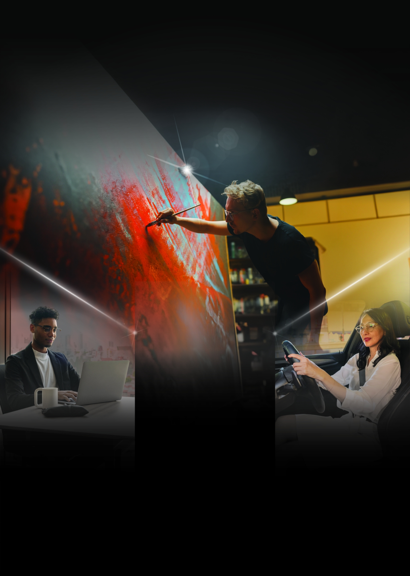 Artist painting vibrant red artwork, person working, and woman driving