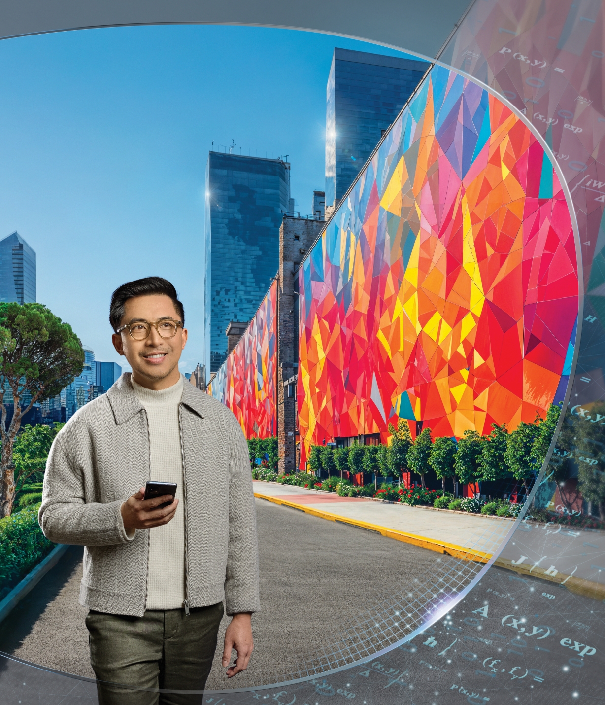 Person standing near colorful geometric wall with urban skyline backdrop