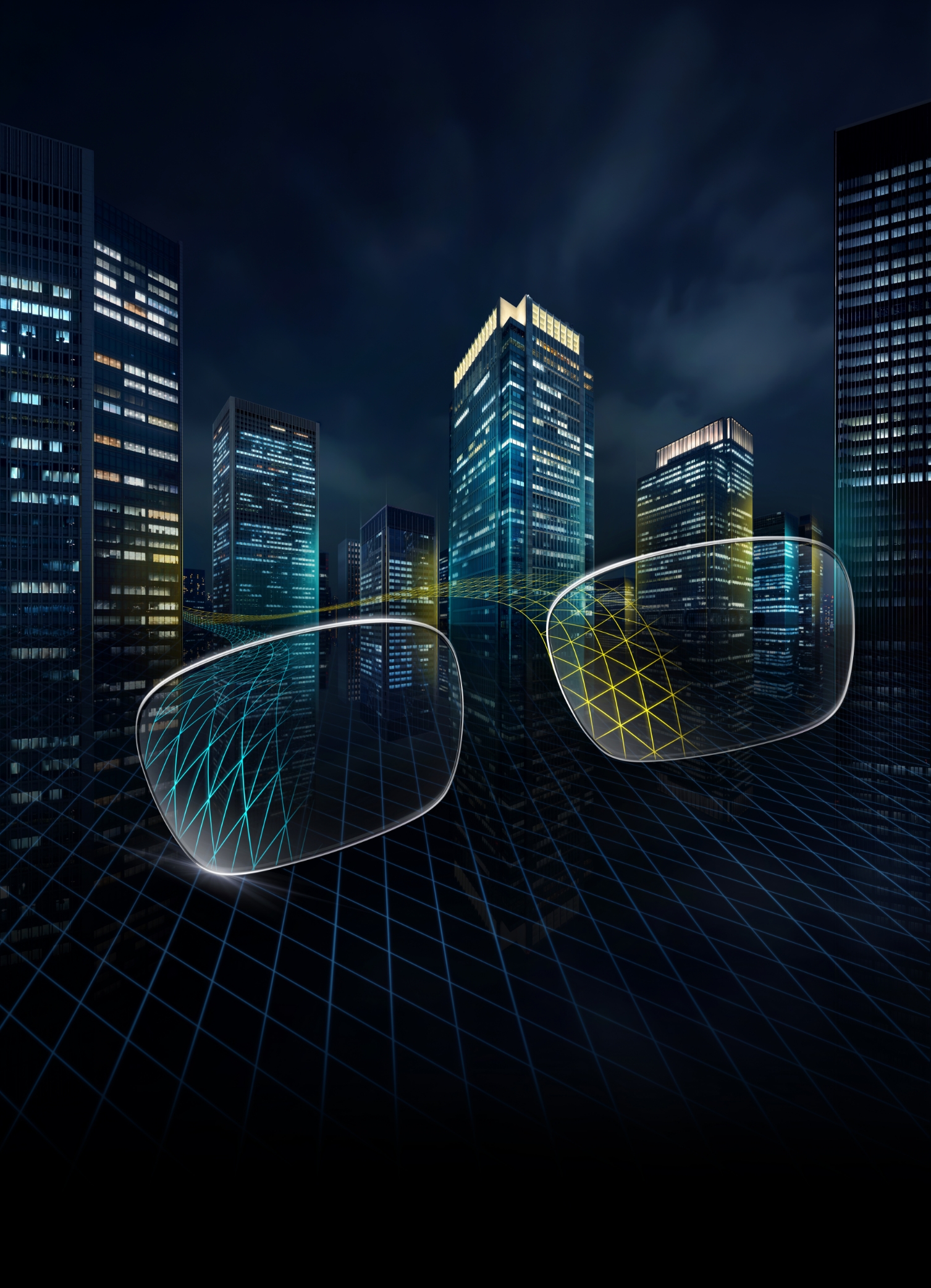 Eyeglasses with geometric patterns overlaying a futuristic nighttime city skyline