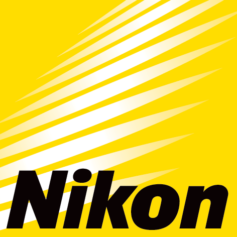 Nikon logo with black text on bright yellow background with diagonal lines