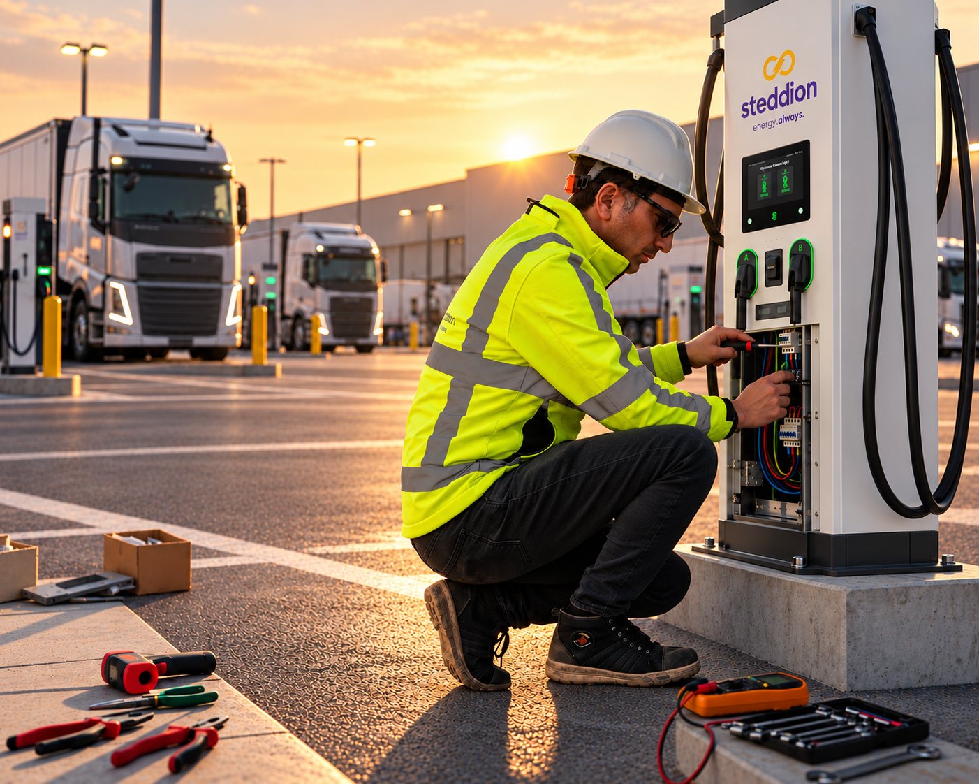 Steddion-technicus werkt aan een snellader op een laadplein voor e-trucks