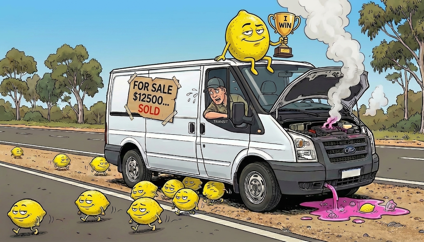 Cartoon of a broken van with lemons walking away and one lemon holding a trophy sitting on top.